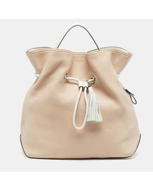 Lancel Drawstring/ Leather Bucket Bag - Natural