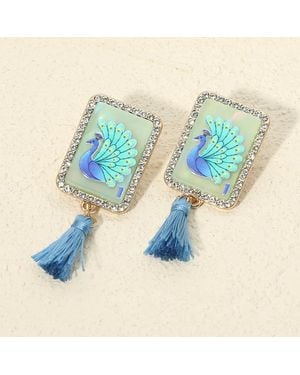 Fashnzfab Peacock Frame Tassel Drop Earrings - Blue