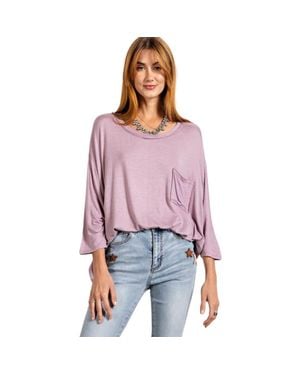 TRUEDAMES Rounded Neckline 3/4 Sleeves Washed Top - Purple