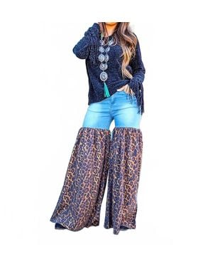 Lucky & Blessed Distressed Denim Animal Print Palazzo Wide Leg Jeans - Blue
