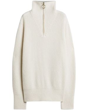 forte_forte High Collar Ribbed Knit Sweater With Circular Zipper Pull - White