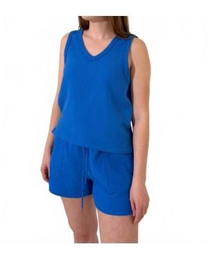 Bobi V-Neck Raw Edge Tank Top - Blue