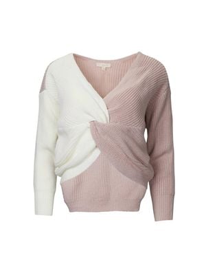 Endless Blu. Colorblocked Cropped Twisted Ribbed-Knit Sweater - Pink