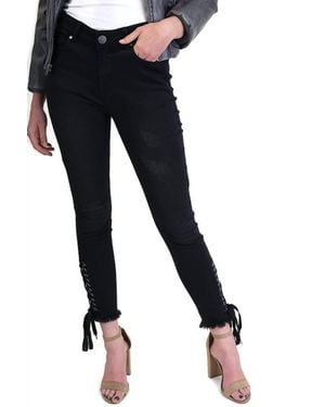 Umgee Embroidered Lace Up Ankle Skinny Jeans - Blue