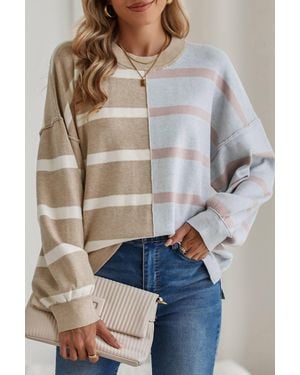 Shewin Striped Color Block Drop Shoulder Sweater - Gray