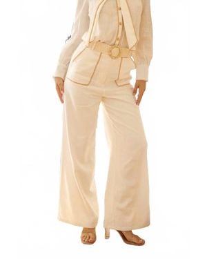 EB Luxe Cherine Embroidered Detail & Belt Linen Pants - Natural