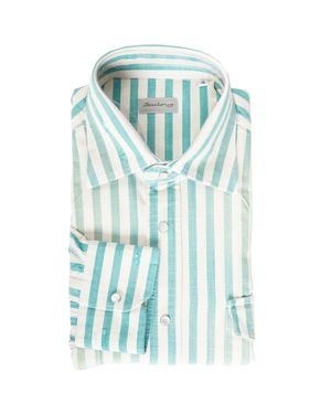 Sartorio Napoli Jumbo Pinstripe Denim Snap Button Cotton Overshirt - Blue
