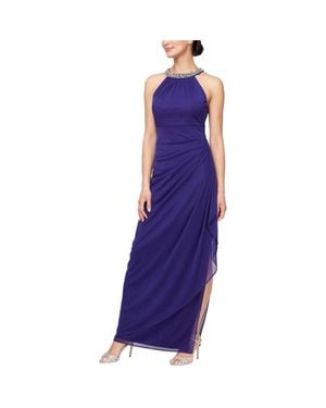 Alex Evenings Dress Mesh Side Slit Beaded Halter Neck Frog371 - Purple