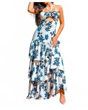 SurelyMine Visual Landscape Floral Print Ruffle Maxi Dress - Blue