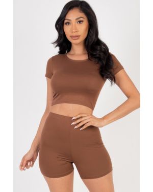 TRUEDAMES Short Sleeve Crop Top & Shorts Set - Brown