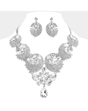 Fashnzfab Teardrop Marquise Stone Embellished Rhinestone Paved Abstract Bib Statement Necklace - Metallic
