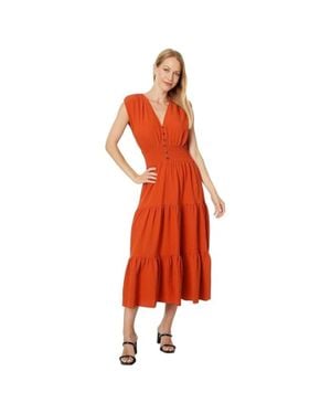 Calvin Klein Gauze Midi Dress Clay Stretch Tiered V-Neck A-Line Frog338 - Orange
