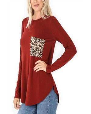 Zenana Round Neck Leopard Print Pocket Top - Red