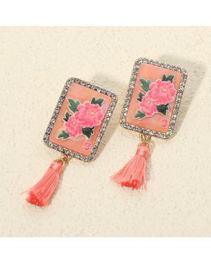 Fashnzfab Floral Frame Tassel Drop Earrings - Pink