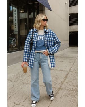 TRUEDAMES Gingham Plaid Shacket Flannel Button Down - Blue