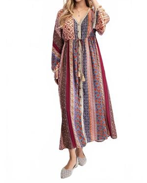 Easel Printed Bell Sleeve Maxi Duster Dress - Red