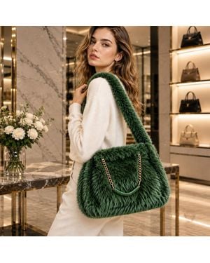 Fashnzfab Solid Plush Faux Fur Shoulder Tote Bag - Green