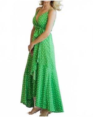 Vine & Love Adjustable Strap Tie Waist Dot Print Long Wrap Dress - Green