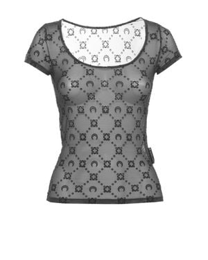 Marine Serre Wide Neck T-Shirt With Tone-On-Tone Velvet Logo - Gray