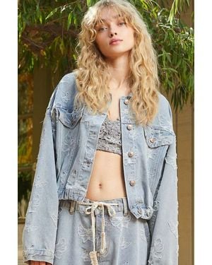 Pol Sheila Distressed Butterfly Crop Jean Jacket - Blue