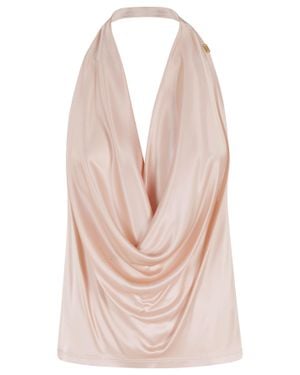 Elisabetta Franchi Shiny Gutter-Neckline Logo Viscose Tank Top - Pink