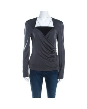 ESCADA Silk Knit Ruched Crossover Front Long Sleeve Top - Blue