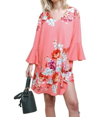 Umgee Floral Print Bell Sleeve Mini Dress - Pink