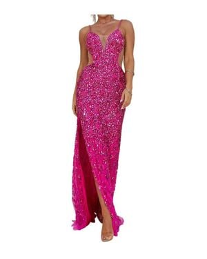 Terani Sleeveless Plunging Neckline Bodycon Tulle Long Prom Dress - Pink