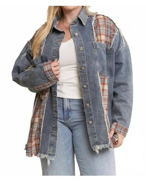 Jade By Jane Plaid Color Block Jacket With Unfinished Hem - Blue