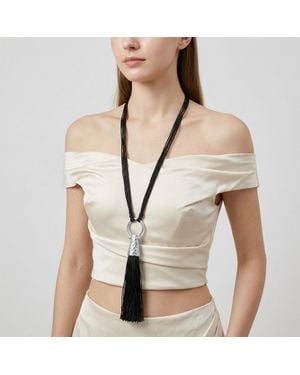 Fashnzfab Oversized Tassel Charm Accent Long Statement Necklace - Natural