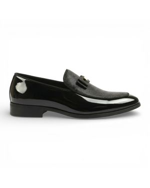 Infinity Leather Textured Front Iconic Buckle Bow Loafers Shoes - Black