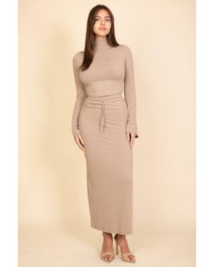 TRUEDAMES Fashnzfab Mock Neck Bell Sleeve Crop Top & Maxi Skirt Set - Natural
