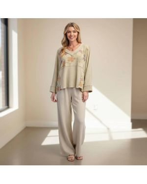 Easel Floral Panel Waffle Knit Top - Natural