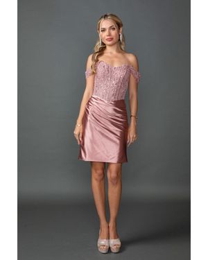 DQ Off-Shoulder Beaded Corset Homecoming Dress With Ruched Satin Skirt - Gray