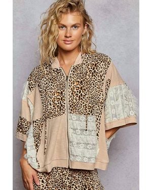 Pol Oversized Fit Lace Patch Zip Up Hoodie - Natural