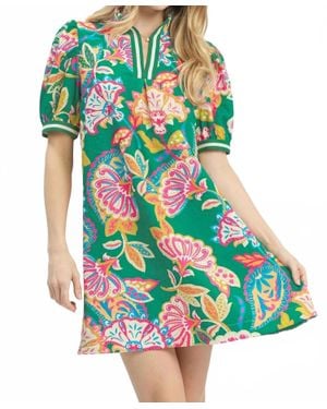 Umgee Jacquard Paisley Print Puff Sleeve Mini Tunic Dress - Blue