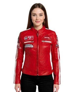 Infinity Leather Leather Biker Racing Badges Jacket-Dalby - Red