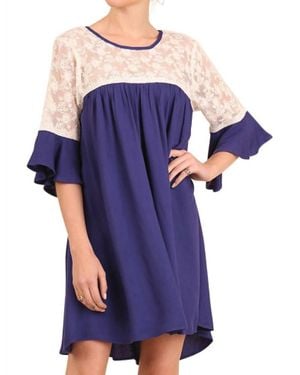 Umgee Lace And Keyhole Bell Sleeve Dress - Blue