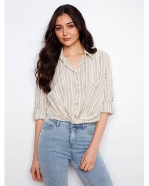 Charlie b Yarn Dye Stripe Twist Front Shirt With Roll Up Long Sleeves - White