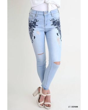 Umgee Floral Embroidered Distressed Skinny Jeans - Blue