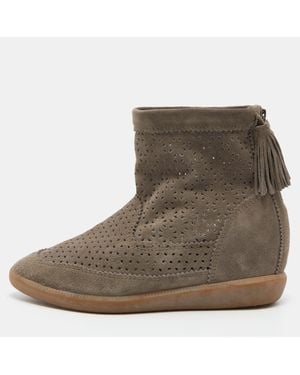 Isabel Marant Cutout Suede Tassel Embellished "Beslay" Wedge Ankle Boots - Brown