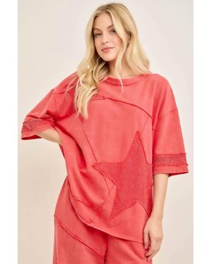 J. Her Mineral Washed Mesh Star Patched Top - Red