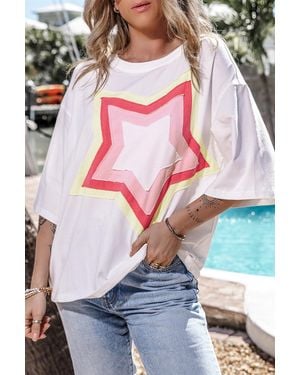 TRUEDAMES Colorblock Star Patched Half Sleeve Oversized Tee - White