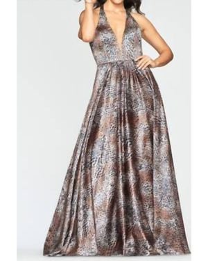 Faviana Halter V-Neck Gown - Gray