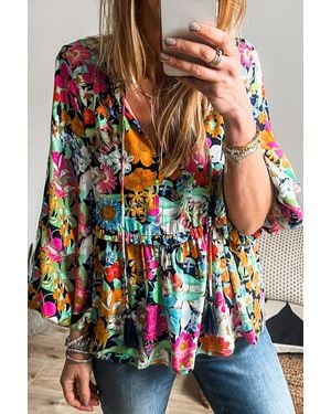 TRUEDAMES Floral Print Bubble Sleeve V Neck Ruffled Blouse - Multicolor