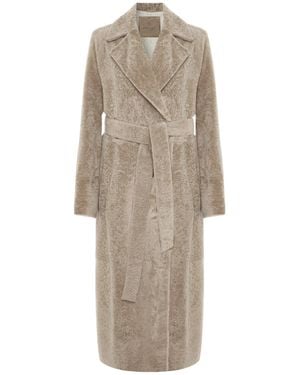 Bigardini Mid-Length Shearling Coat With Belted Waist And Plush Texture - Natural