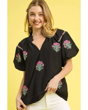 Umgee Embroidered Floral Puff Sleeve Blouse - Black