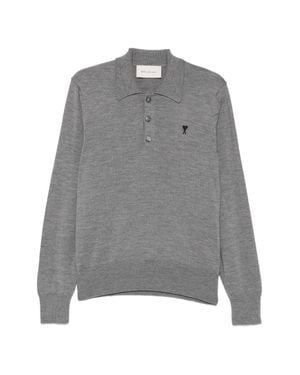 Ami Paris Medium Long-Sleeve Polo Shirt With Classic Collar - Gray