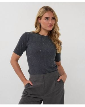 EsQualo Tessina Rib Short Sleeve Studs Top - Gray
