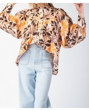 Eesome Printed Button Down Bubble Sleeve Top - Blue